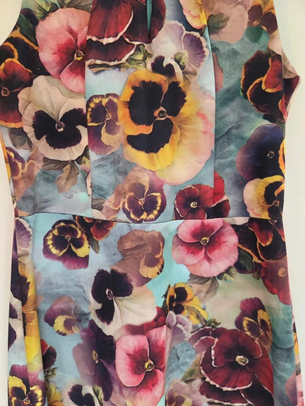 Pansy floral dress 8 sleeveless fit/flare key hole neck satin trim event summer - Picture 5 of 12